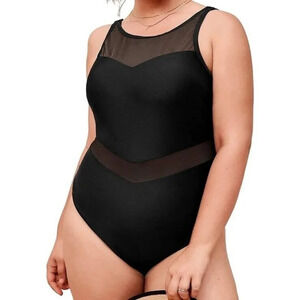 CUPSHE Women Plus Size One Piece Swimsuit V Neck Mesh Sheer Tummy Control 16/18